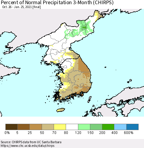 Korea Percent of Normal Precipitation 3-Month (CHIRPS) Thematic Map For 10/26/2020 - 1/25/2021