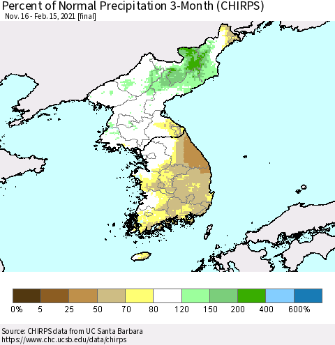 Korea Percent of Normal Precipitation 3-Month (CHIRPS) Thematic Map For 11/16/2020 - 2/15/2021