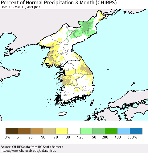 Korea Percent of Normal Precipitation 3-Month (CHIRPS) Thematic Map For 12/16/2020 - 3/15/2021