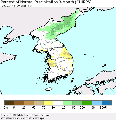 Korea Percent of Normal Precipitation 3-Month (CHIRPS) Thematic Map For 12/21/2020 - 3/20/2021