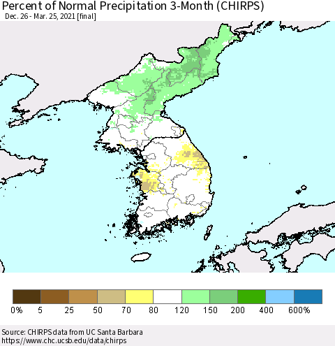 Korea Percent of Normal Precipitation 3-Month (CHIRPS) Thematic Map For 12/26/2020 - 3/25/2021