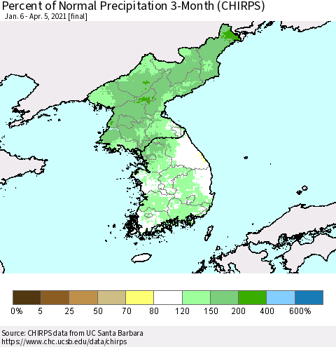 Korea Percent of Normal Precipitation 3-Month (CHIRPS) Thematic Map For 1/6/2021 - 4/5/2021