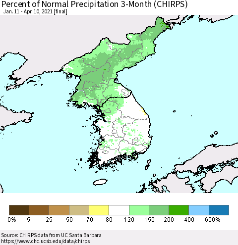 Korea Percent of Normal Precipitation 3-Month (CHIRPS) Thematic Map For 1/11/2021 - 4/10/2021