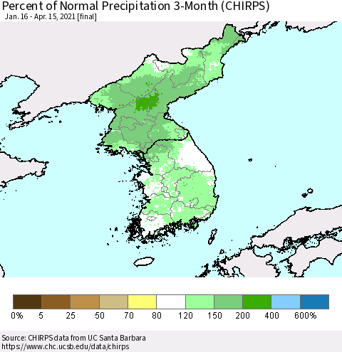 Korea Percent of Normal Precipitation 3-Month (CHIRPS) Thematic Map For 1/16/2021 - 4/15/2021