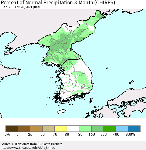 Korea Percent of Normal Precipitation 3-Month (CHIRPS) Thematic Map For 1/21/2021 - 4/20/2021