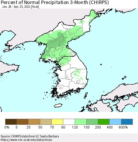 Korea Percent of Normal Precipitation 3-Month (CHIRPS) Thematic Map For 1/26/2021 - 4/25/2021