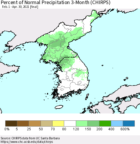 Korea Percent of Normal Precipitation 3-Month (CHIRPS) Thematic Map For 2/1/2021 - 4/30/2021