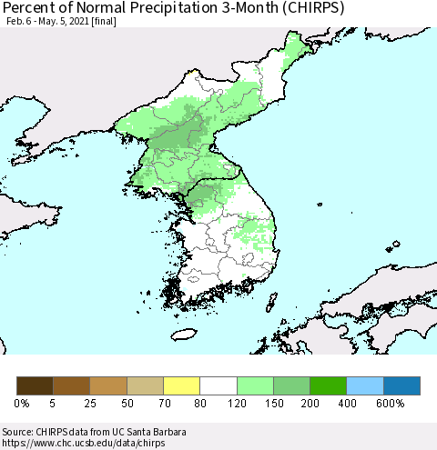 Korea Percent of Normal Precipitation 3-Month (CHIRPS) Thematic Map For 2/6/2021 - 5/5/2021