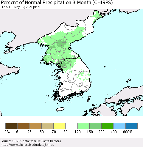Korea Percent of Normal Precipitation 3-Month (CHIRPS) Thematic Map For 2/11/2021 - 5/10/2021