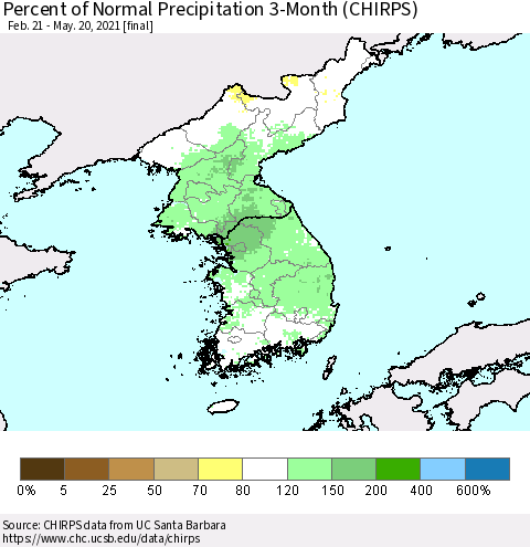 Korea Percent of Normal Precipitation 3-Month (CHIRPS) Thematic Map For 2/21/2021 - 5/20/2021