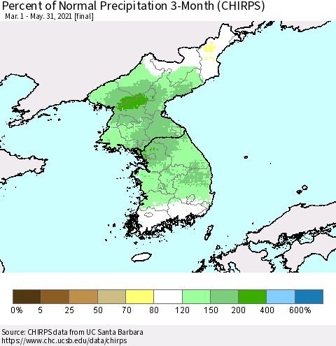 Korea Percent of Normal Precipitation 3-Month (CHIRPS) Thematic Map For 3/1/2021 - 5/31/2021