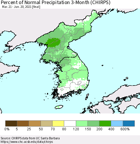 Korea Percent of Normal Precipitation 3-Month (CHIRPS) Thematic Map For 3/21/2021 - 6/20/2021