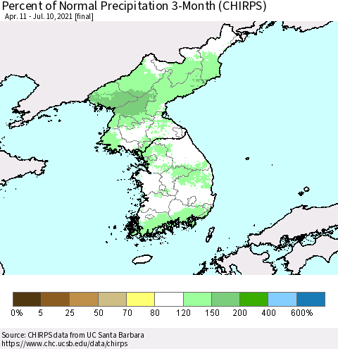 Korea Percent of Normal Precipitation 3-Month (CHIRPS) Thematic Map For 4/11/2021 - 7/10/2021