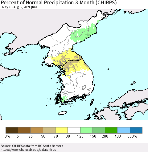Korea Percent of Normal Precipitation 3-Month (CHIRPS) Thematic Map For 5/6/2021 - 8/5/2021