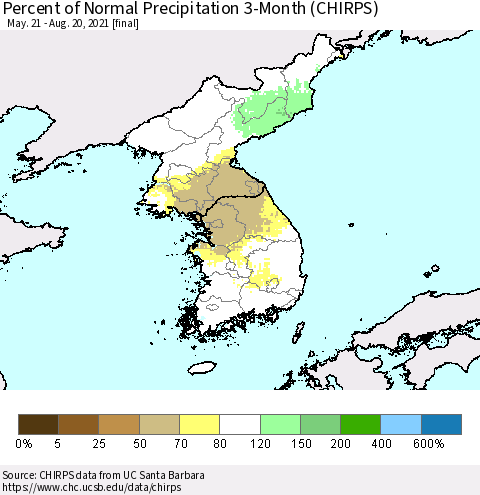 Korea Percent of Normal Precipitation 3-Month (CHIRPS) Thematic Map For 5/21/2021 - 8/20/2021