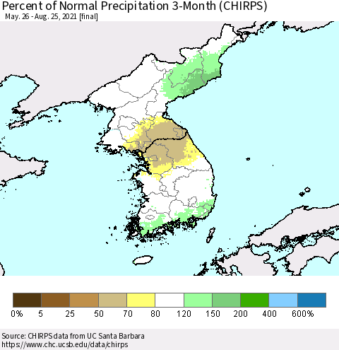 Korea Percent of Normal Precipitation 3-Month (CHIRPS) Thematic Map For 5/26/2021 - 8/25/2021