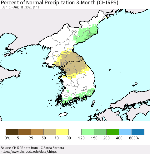 Korea Percent of Normal Precipitation 3-Month (CHIRPS) Thematic Map For 6/1/2021 - 8/31/2021