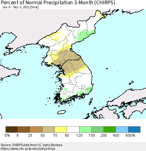 Korea Percent of Normal Precipitation 3-Month (CHIRPS) Thematic Map For 6/6/2021 - 9/5/2021
