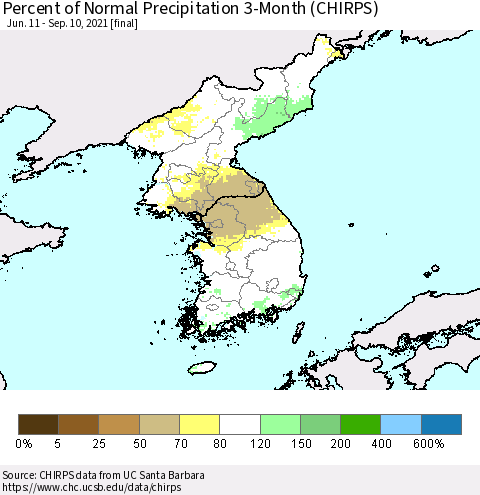 Korea Percent of Normal Precipitation 3-Month (CHIRPS) Thematic Map For 6/11/2021 - 9/10/2021