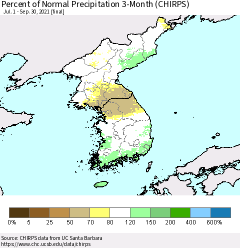 Korea Percent of Normal Precipitation 3-Month (CHIRPS) Thematic Map For 7/1/2021 - 9/30/2021