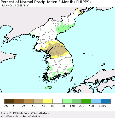 Korea Percent of Normal Precipitation 3-Month (CHIRPS) Thematic Map For 7/6/2021 - 10/5/2021