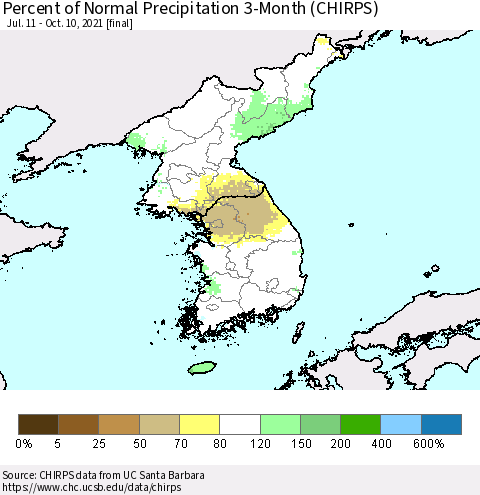 Korea Percent of Normal Precipitation 3-Month (CHIRPS) Thematic Map For 7/11/2021 - 10/10/2021