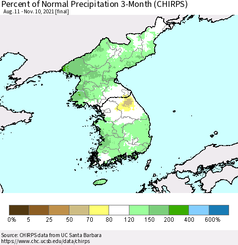 Korea Percent of Normal Precipitation 3-Month (CHIRPS) Thematic Map For 8/11/2021 - 11/10/2021