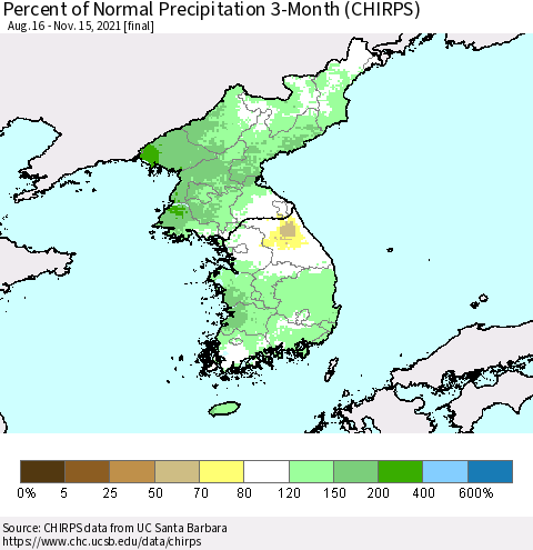 Korea Percent of Normal Precipitation 3-Month (CHIRPS) Thematic Map For 8/16/2021 - 11/15/2021