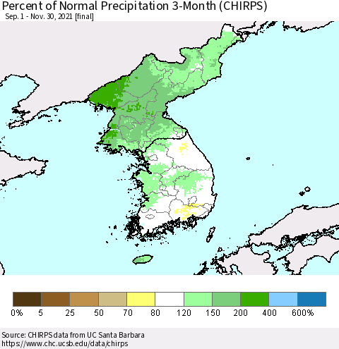 Korea Percent of Normal Precipitation 3-Month (CHIRPS) Thematic Map For 9/1/2021 - 11/30/2021