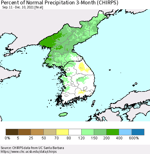 Korea Percent of Normal Precipitation 3-Month (CHIRPS) Thematic Map For 9/11/2021 - 12/10/2021