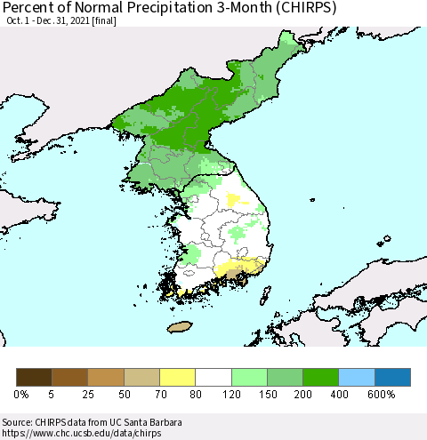 Korea Percent of Normal Precipitation 3-Month (CHIRPS) Thematic Map For 10/1/2021 - 12/31/2021