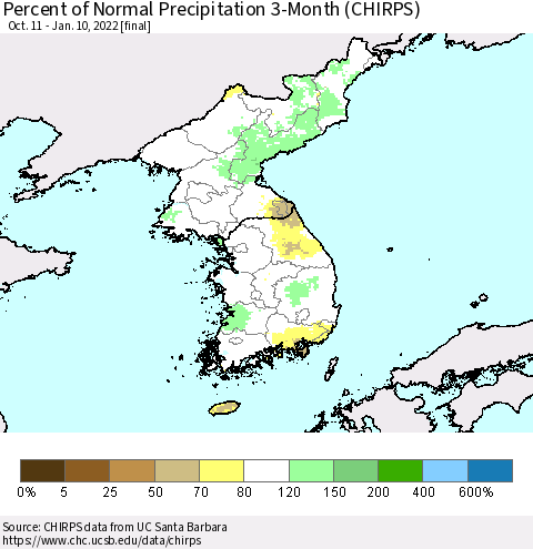 Korea Percent of Normal Precipitation 3-Month (CHIRPS) Thematic Map For 10/11/2021 - 1/10/2022