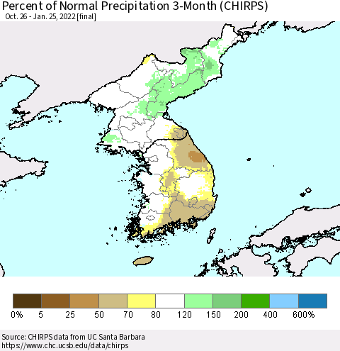 Korea Percent of Normal Precipitation 3-Month (CHIRPS) Thematic Map For 10/26/2021 - 1/25/2022