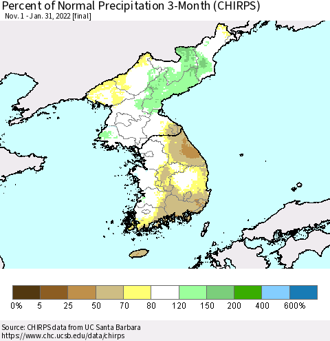 Korea Percent of Normal Precipitation 3-Month (CHIRPS) Thematic Map For 11/1/2021 - 1/31/2022