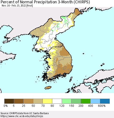 Korea Percent of Normal Precipitation 3-Month (CHIRPS) Thematic Map For 11/16/2021 - 2/15/2022