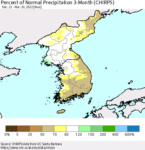 Korea Percent of Normal Precipitation 3-Month (CHIRPS) Thematic Map For 12/21/2021 - 3/20/2022