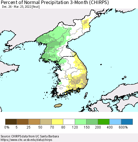 Korea Percent of Normal Precipitation 3-Month (CHIRPS) Thematic Map For 12/26/2021 - 3/25/2022