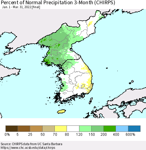 Korea Percent of Normal Precipitation 3-Month (CHIRPS) Thematic Map For 1/1/2022 - 3/31/2022
