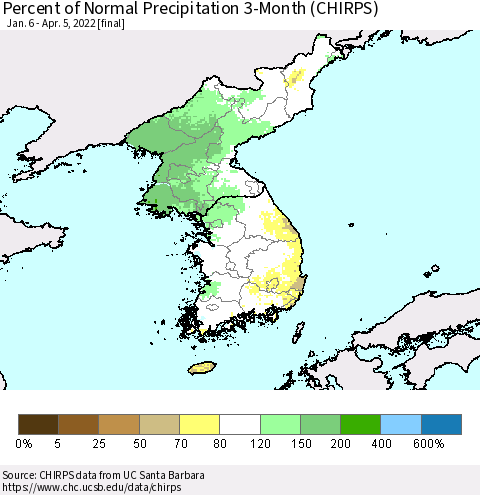 Korea Percent of Normal Precipitation 3-Month (CHIRPS) Thematic Map For 1/6/2022 - 4/5/2022