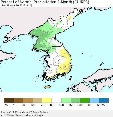 Korea Percent of Normal Precipitation 3-Month (CHIRPS) Thematic Map For 1/11/2022 - 4/10/2022