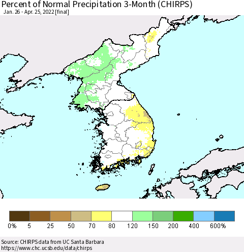 Korea Percent of Normal Precipitation 3-Month (CHIRPS) Thematic Map For 1/26/2022 - 4/25/2022