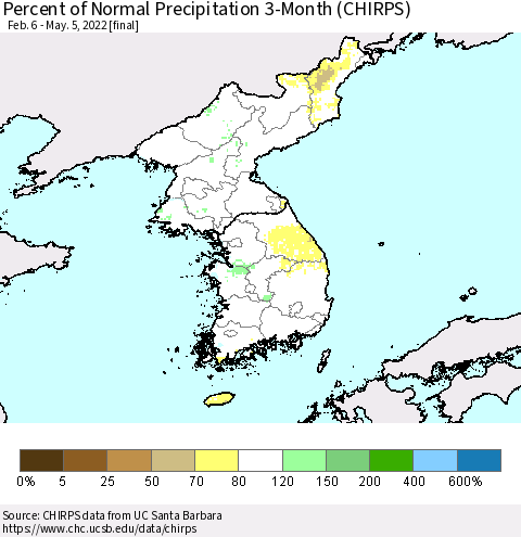Korea Percent of Normal Precipitation 3-Month (CHIRPS) Thematic Map For 2/6/2022 - 5/5/2022