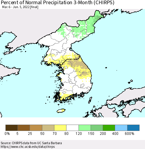 Korea Percent of Normal Precipitation 3-Month (CHIRPS) Thematic Map For 3/6/2022 - 6/5/2022