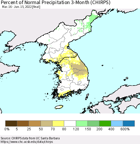 Korea Percent of Normal Precipitation 3-Month (CHIRPS) Thematic Map For 3/16/2022 - 6/15/2022