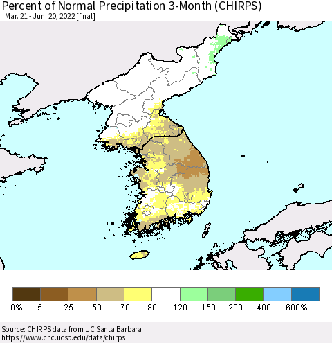 Korea Percent of Normal Precipitation 3-Month (CHIRPS) Thematic Map For 3/21/2022 - 6/20/2022