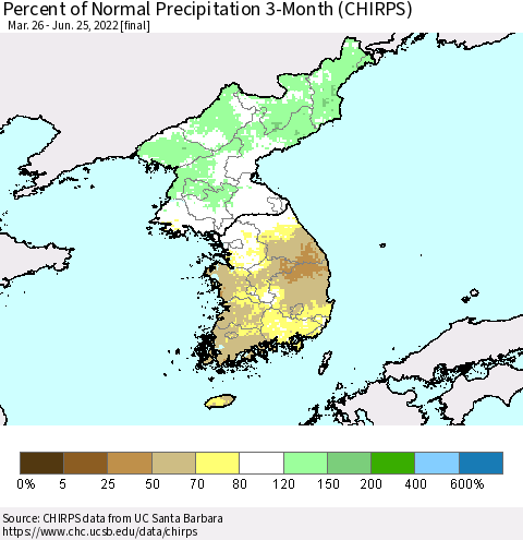 Korea Percent of Normal Precipitation 3-Month (CHIRPS) Thematic Map For 3/26/2022 - 6/25/2022