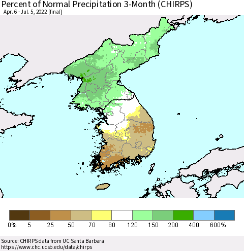Korea Percent of Normal Precipitation 3-Month (CHIRPS) Thematic Map For 4/6/2022 - 7/5/2022