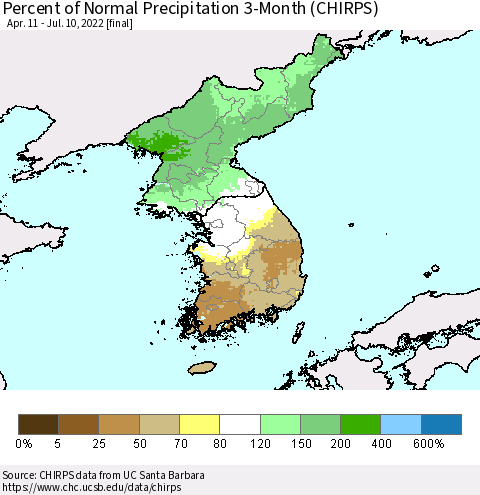 Korea Percent of Normal Precipitation 3-Month (CHIRPS) Thematic Map For 4/11/2022 - 7/10/2022