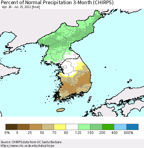 Korea Percent of Normal Precipitation 3-Month (CHIRPS) Thematic Map For 4/26/2022 - 7/25/2022