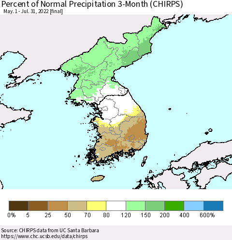 Korea Percent of Normal Precipitation 3-Month (CHIRPS) Thematic Map For 5/1/2022 - 7/31/2022